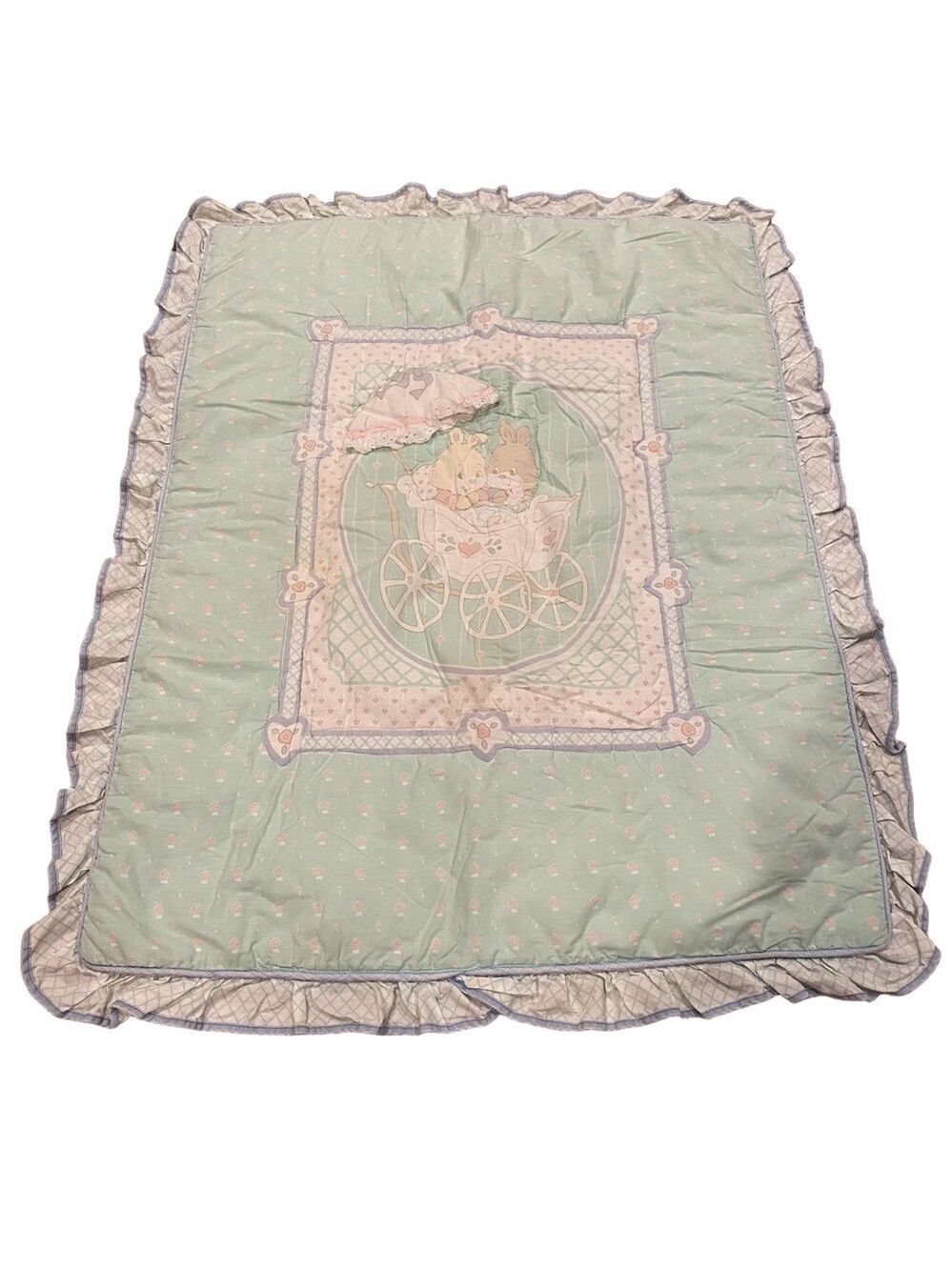 Judi’s Heirloom Collection Baby Quilt Bunny Carriage Green Stripes Heart Blanket